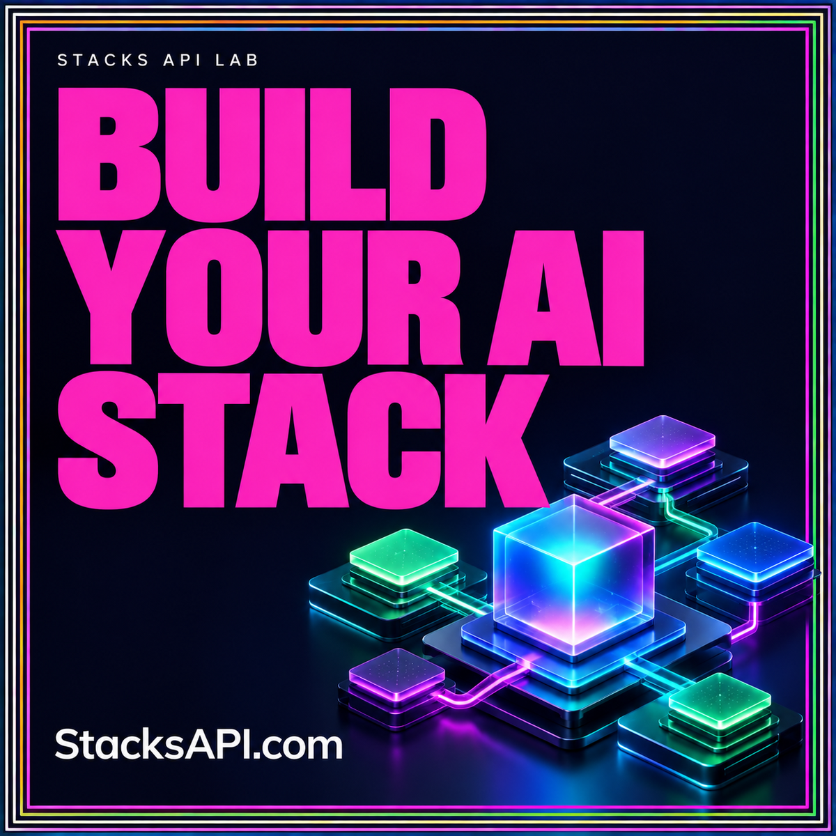 Magenta Build Your AI Stack typography with connected glowing model layers and StacksAPI.com branding.