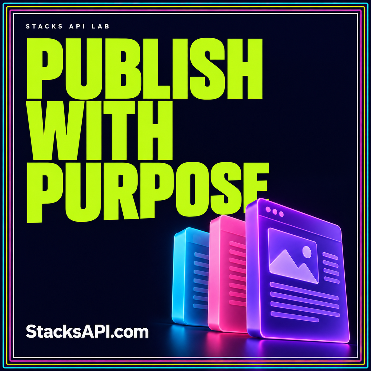 Lime Publish with Purpose headline and neon page panels with StacksAPI.com branding.