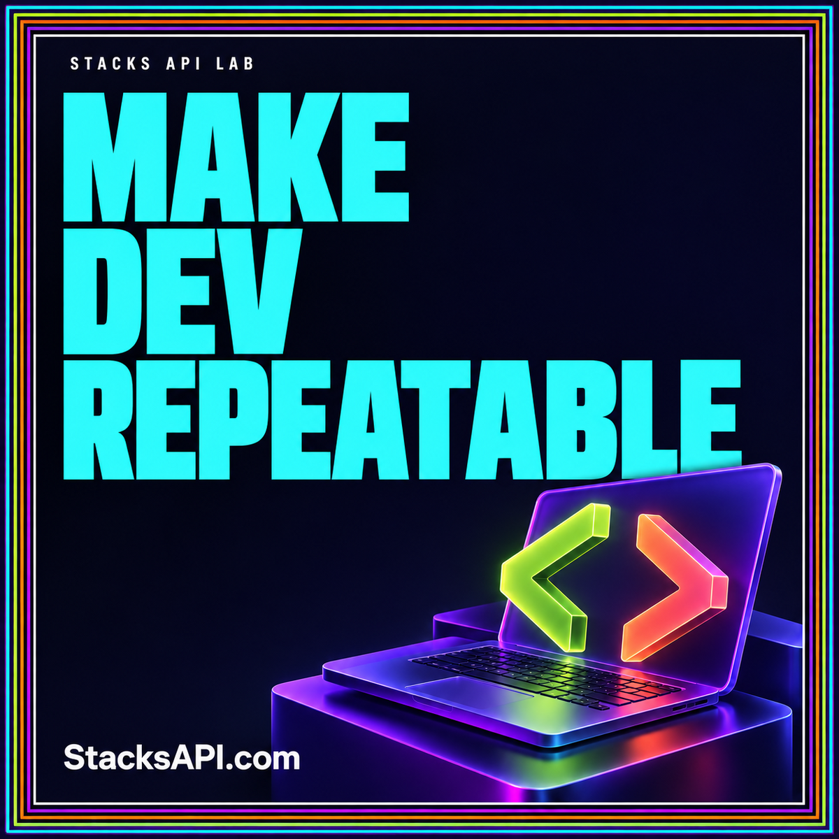 Cyan Make Dev Repeatable typography above a violet laptop and colorful code brackets.