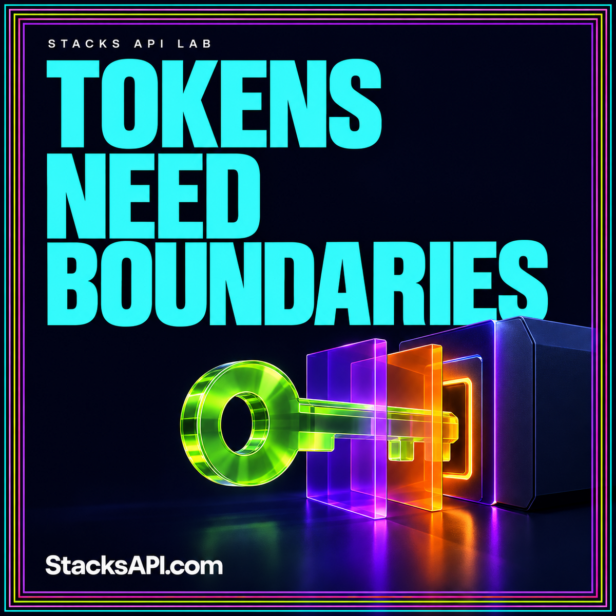 Cyan Tokens Need Boundaries typography with a lime access key and neon entitlement blocks.